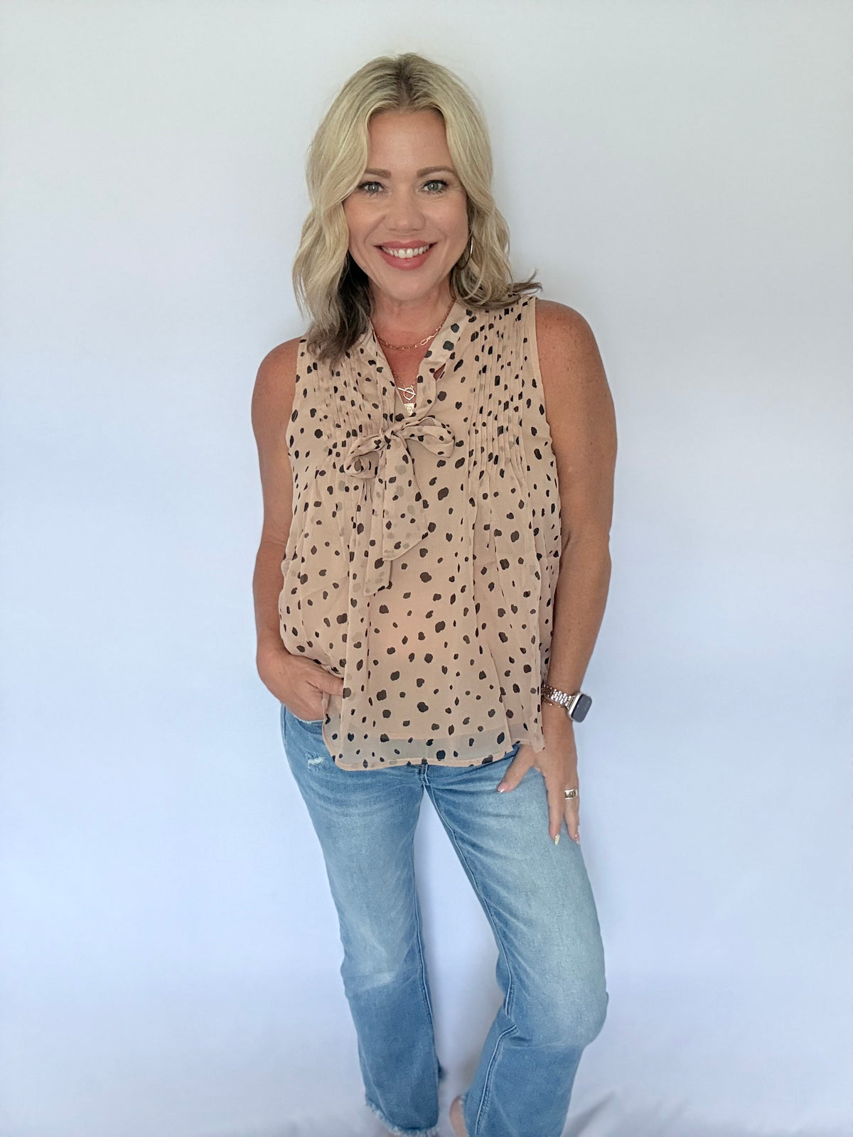 Spotted in Mocha Tie Neck Blouse