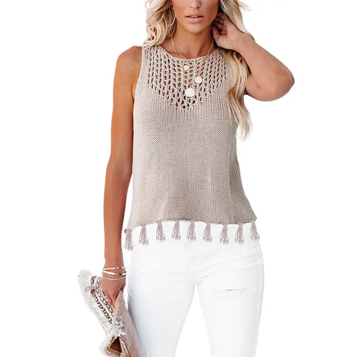 Sleeveless Hollow Knit Tassel Hem Tank Top For Summer - Apricot