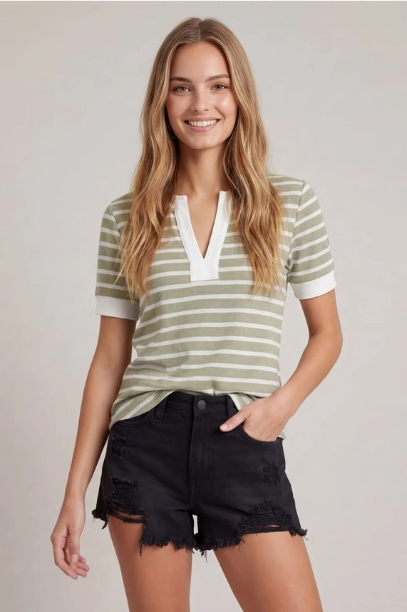 Olive Coast Striped Henley Top