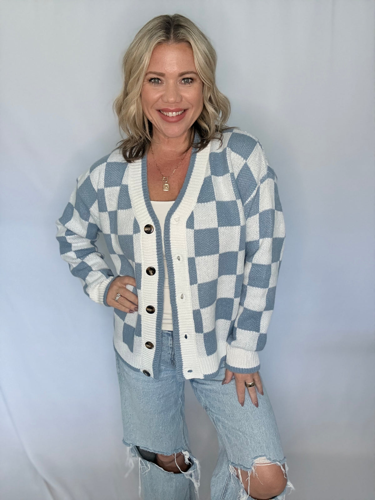 Blue Skies Checkered Cardigan