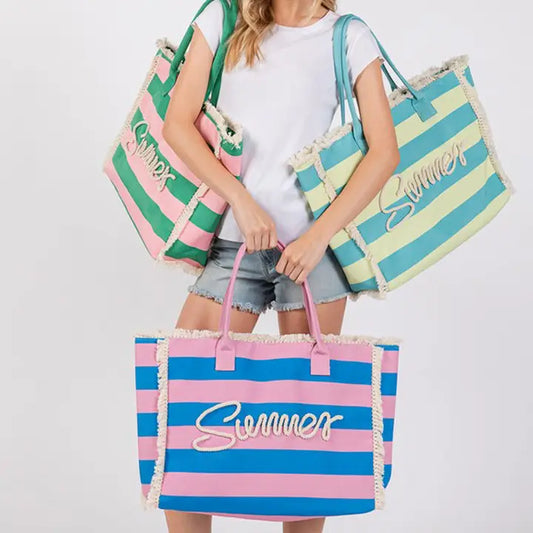 The Summer Vibes Tote - Teal and Yellow Stripe