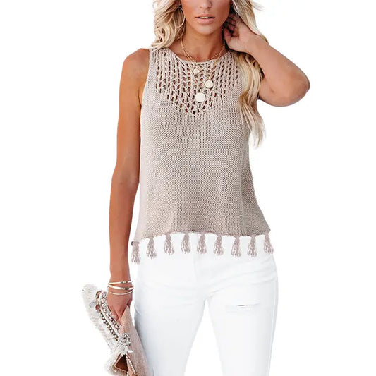 Sleeveless Hollow Knit Tassel Hem Tank Top For Summer - Apricot