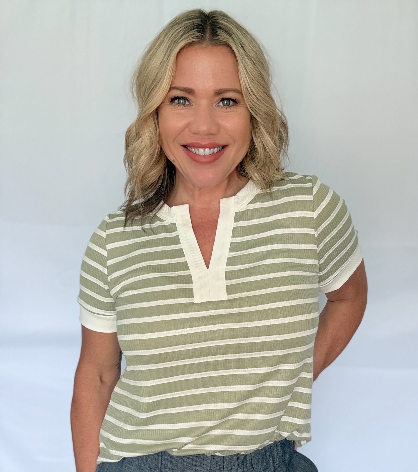 Olive Coast Striped Henley Top