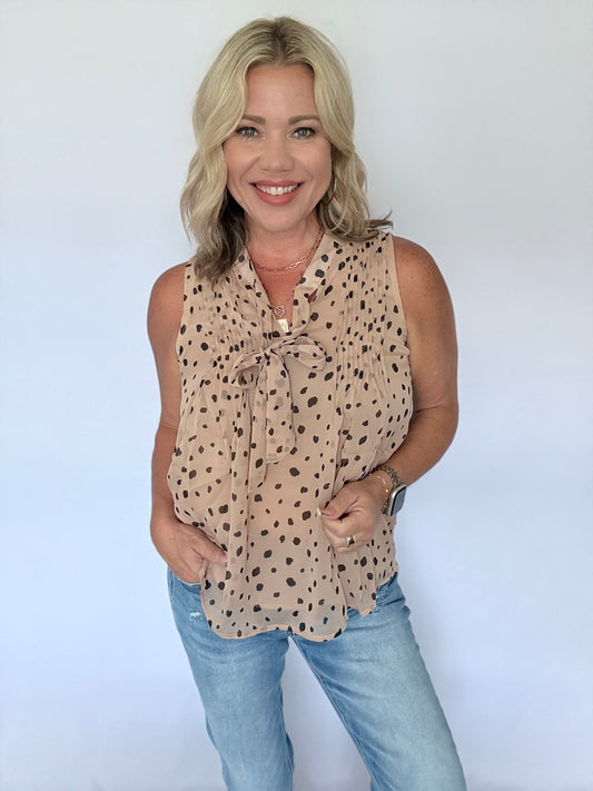 Spotted in Mocha Tie Neck Blouse