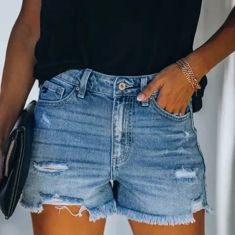 High-Rise Ripped Stretch Denim Shorts
