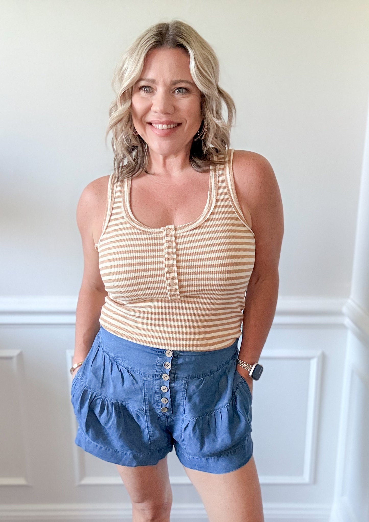 The Everyday Stripe Henley Tank - Taupe