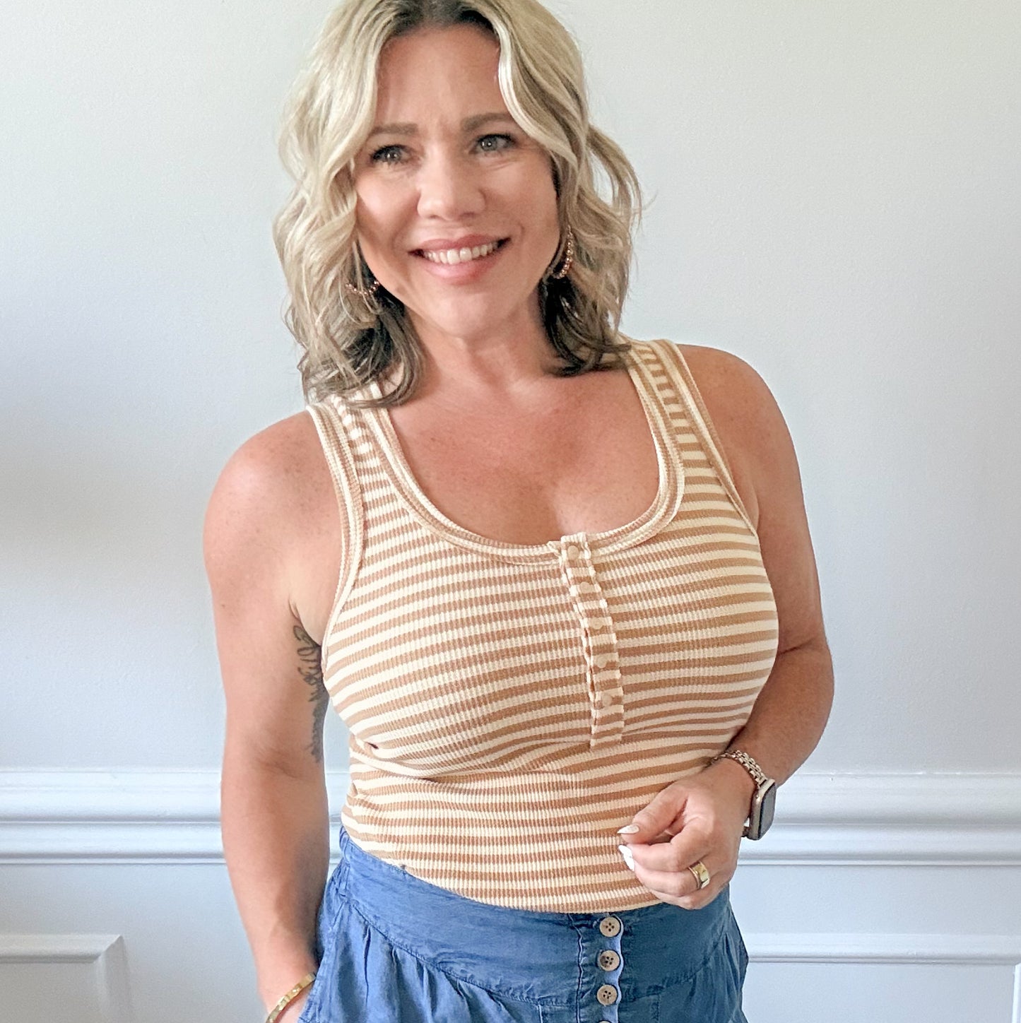 The Everyday Stripe Henley Tank - Taupe