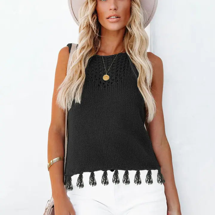 Sleeveless Hollow Knit Tassel Hem Tank Top For Summer - Black